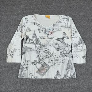 Katina Marie Shirt Top Women's‎ Small White Embellished 3/4 Sleeve Chateau Y2K